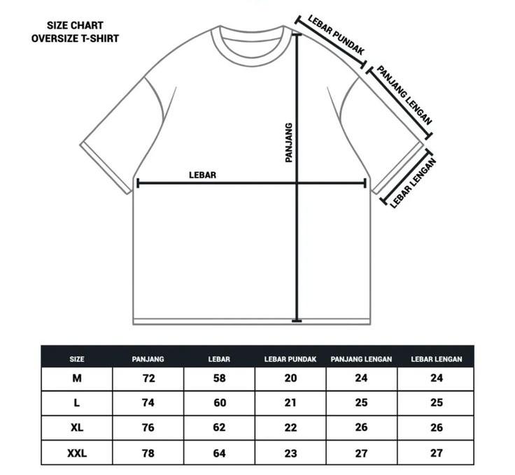 Diagram dan tabel size chart oversize T-shirt